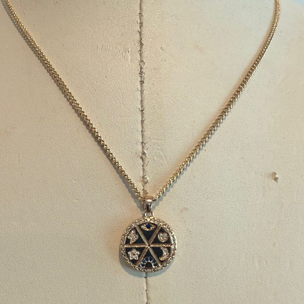 Gold-Tone Round Pendant Necklace with Blue Enamel and Clear Crystals